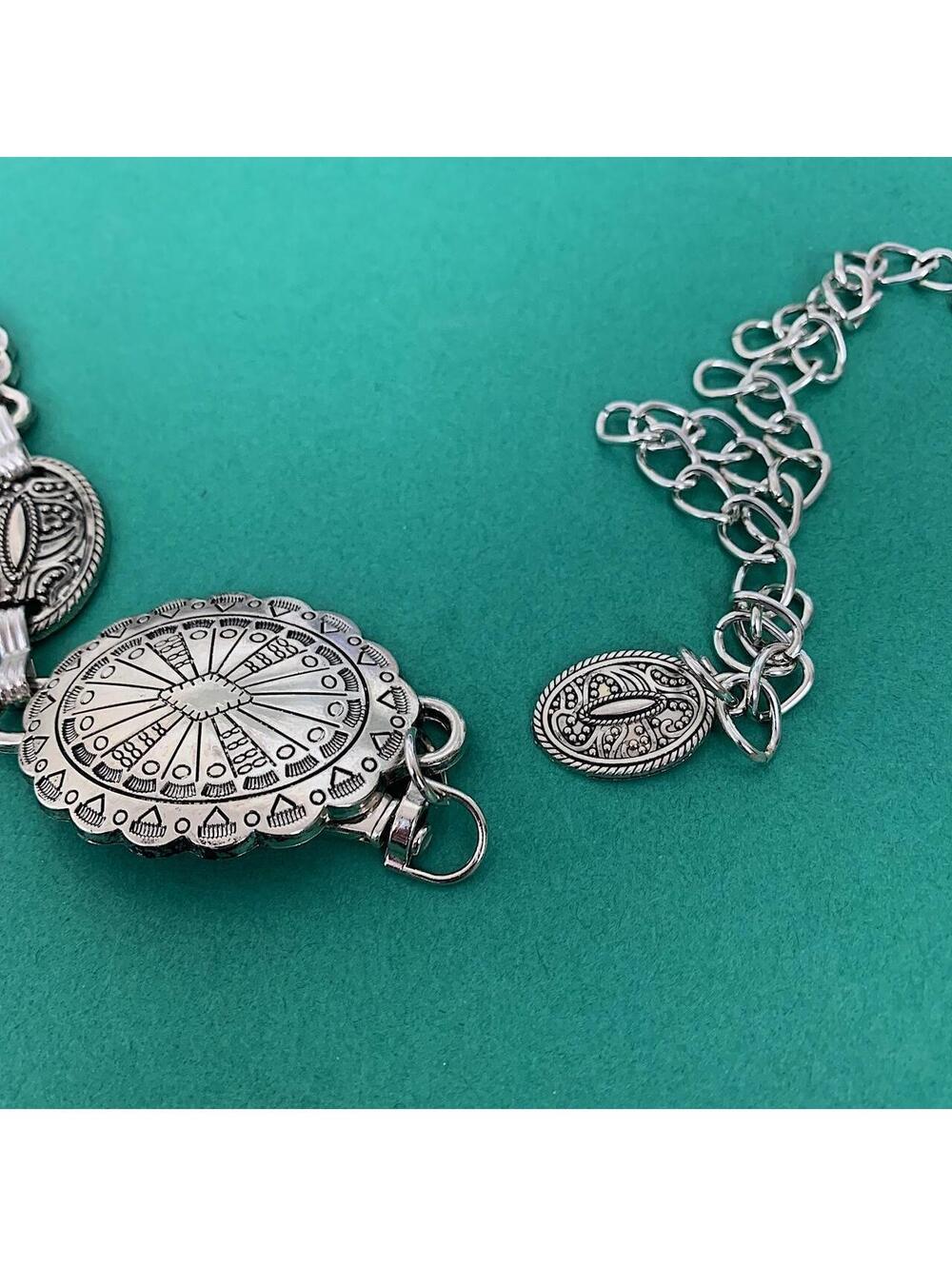 Silver western belt with silver buckle and metal sun and moon charms. Fits most - Picture 3 of 8